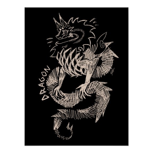 Poster Dessin de dragon noir et blanc (Devant)