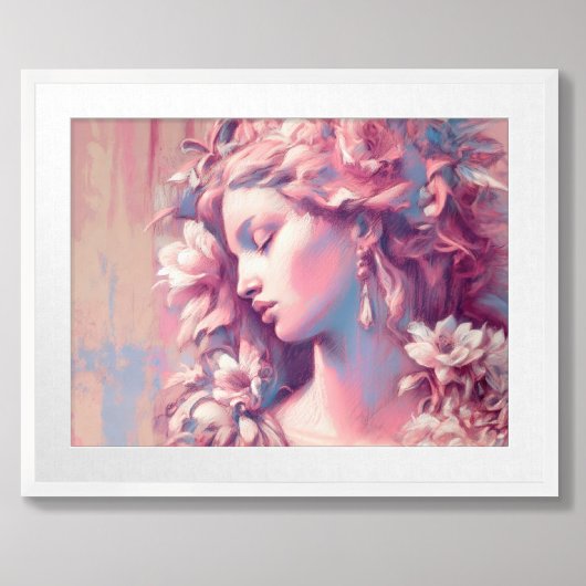 Poster Dessin de femme Fleurs rose bleu dur Pastel