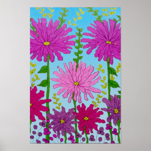 Poster Dessin de fleur rose vif sur fond bleu