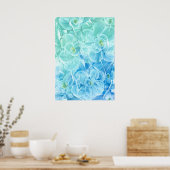 Poster Dessin de fleurs bleu vert peint à la main (Cuisine)