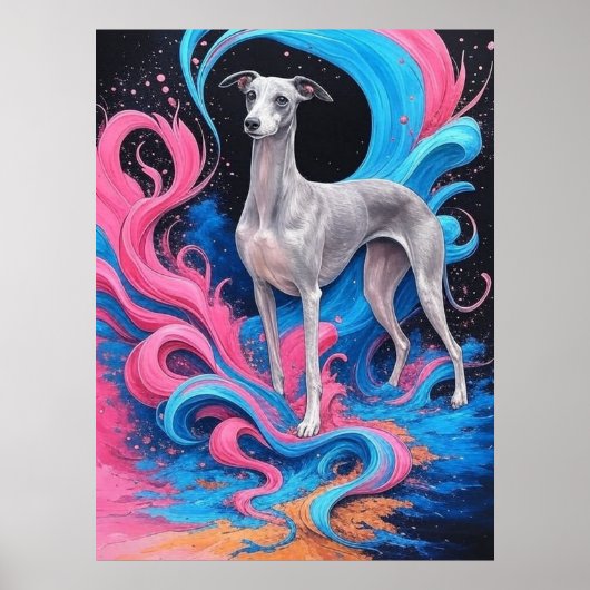 Poster Dessin de Lévrier avec fond de couleur éclaboussé (Devant)