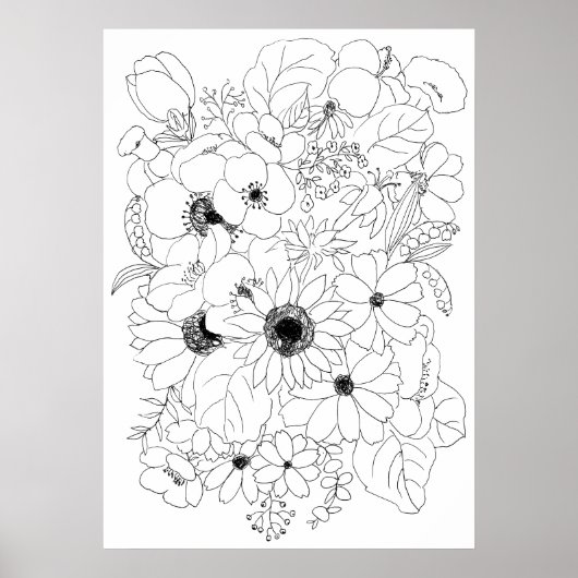 Poster dessin de ligne d'arrangement de fleurs (Devant)