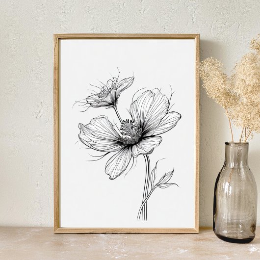 Poster Dessin de ligne de fleurs en noir et blanc