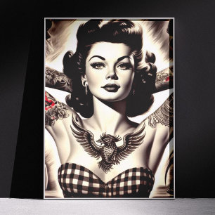Poster Dessin de pin-up tatoué noir et blanc vintage