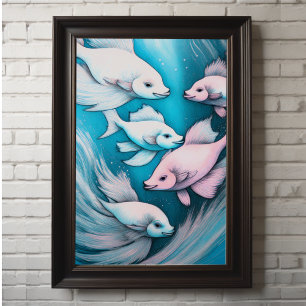 Poster Dessin de poisson VII à la craie rose et bleue