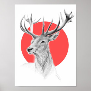 Poster Dessin de portrait de cerf Cercle rouge Art animal