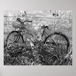 Poster Dessin de vieux vélos abandonnés, noir et blanc