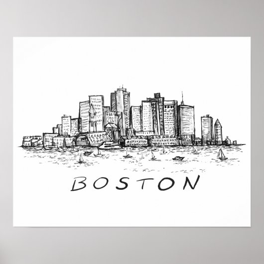 Poster Dessin d'encre Cityscape de Boston (Devant)