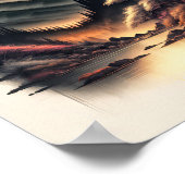 Poster Dessin d'encre de paysage japonais avec volcan (Coin)