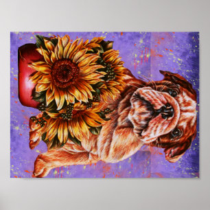 Poster Dessin des tournesols de bouledogue sur la