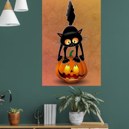 Poster Dessin d'Halloween au chat effrayé sur Citrouille (Salon 1)