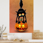 Poster Dessin d'Halloween au chat effrayé sur Citrouille (Cuisine)
