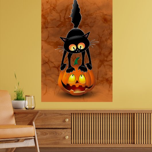 Poster Dessin d'Halloween au chat effrayé sur Citrouille (Salon 2)