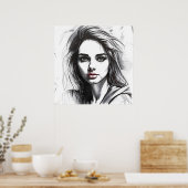 Poster Dessin du portrait d'une femme (Cuisine)