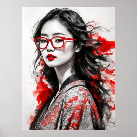 Poster Dessin d'une femme asiatique blanche noire (Devant)