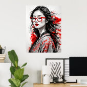 Poster Dessin d'une femme asiatique blanche noire (Bureau à domicile)