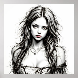 Poster Dessin d'une jeune femme grunge. 