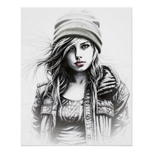 Poster Dessin d'une jeune femme grunge