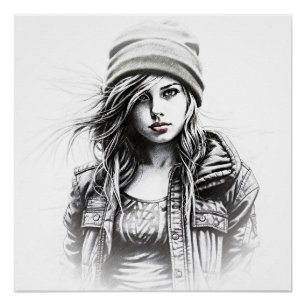 Poster Dessin d'une jeune femme grunge