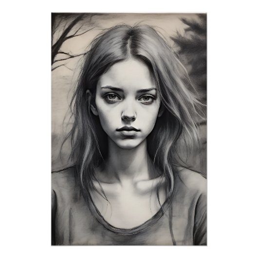 Poster Dessin d'une jeune fille mélancolique. (Devant)
