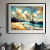 Poster Dessin dur Pastel Bateaux Eau