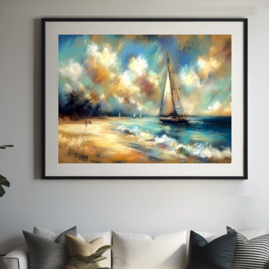 Poster Dessin dur Pastel Bateaux Eau
