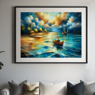 Poster Dessin dur Pastel Bateaux Eau II