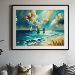 Poster Dessin dur Pastel Bateaux Eau IV