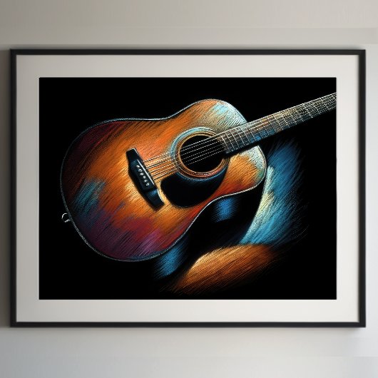 Poster Dessin dur Pastel Guitare acoustique