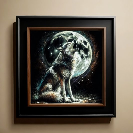 Poster Dessin dur Pastel Wolf Howling Moon