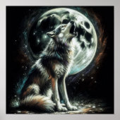 Poster Dessin dur Pastel Wolf Howling Moon (Devant)