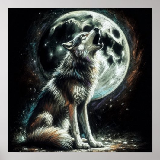 Poster Dessin dur Pastel Wolf Howling Moon (Devant)