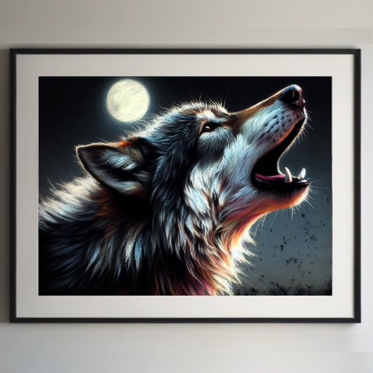 Poster Dessin dur Pastel Wolf Howling Moon II