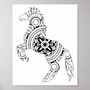 Poster Dessin en mandala du cheval et silhouette blanche