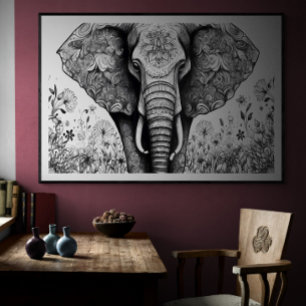 Poster Dessin en noir et blanc Elephant Ai