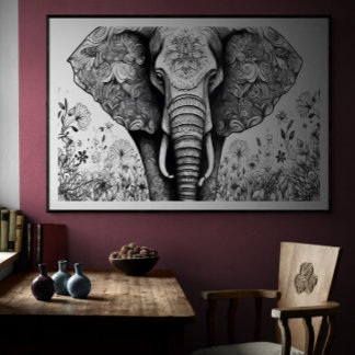 Poster Dessin en noir et blanc Elephant | Ai