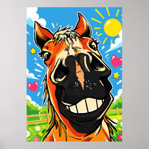 Poster Dessin humoristique de cheval avec un sourire en b