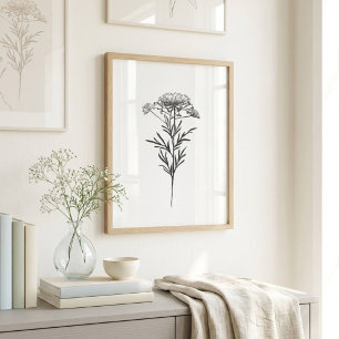 Poster Dessin minimaliste de fleur à l'encre en noir