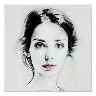 Poster Dessin minimaliste  d'un visage de jeune fille 