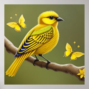 Poster Dessin mural de la branche d'oiseau jaune
