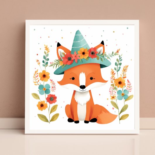 Poster Dessin mural de nursery renard rouge floral adorab