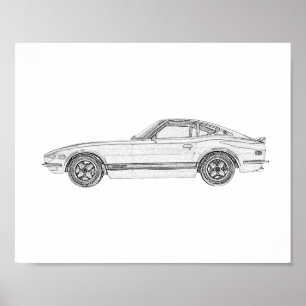Poster Dessin Nissan S30 noir et blanc Datsun 240Z