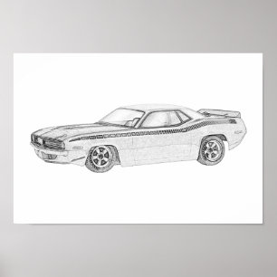 Poster Dessin noir et blanc 1970 Plymouth Barracuda