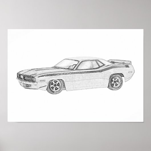 Poster Dessin noir et blanc 1970 Plymouth Barracuda (Devant)
