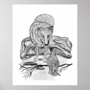 Poster Dessin noir et blanc de loup et corbeau