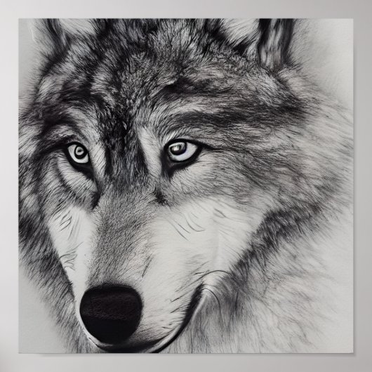 Poster Dessin noir et blanc d'un loup (Devant)