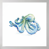 Poster Dessin octopique bleu aquarelle (Devant)
