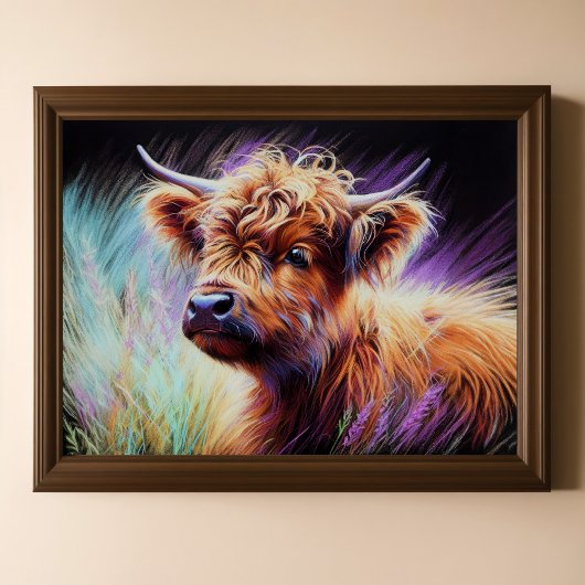 Poster Dessin Pastel Baby Highland Vache Lavande