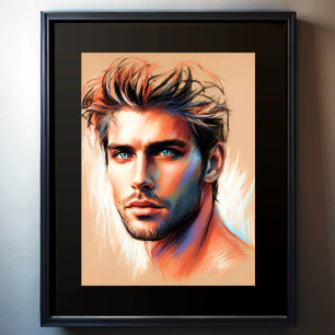 Poster Dessin Pastel Bleu Homme Bleu Yeux