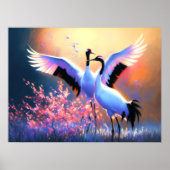 Poster Dessin pastel de la paire de grues chinoises à cou (Devant)